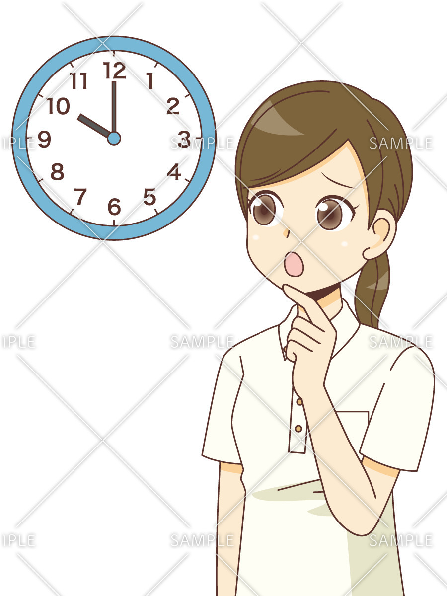 時計を見ながら心配している女性介護職（介護士・ヘルパー/介護現場の人物）のイラスト