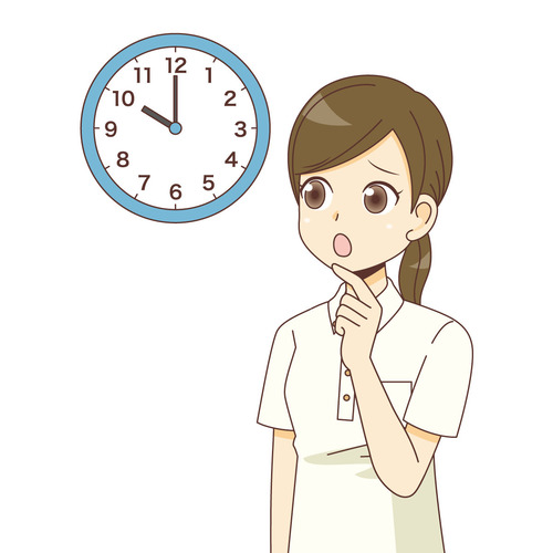 時計を見ながら心配している女性介護職（介護士・ヘルパー/介護現場の人物）のイラスト