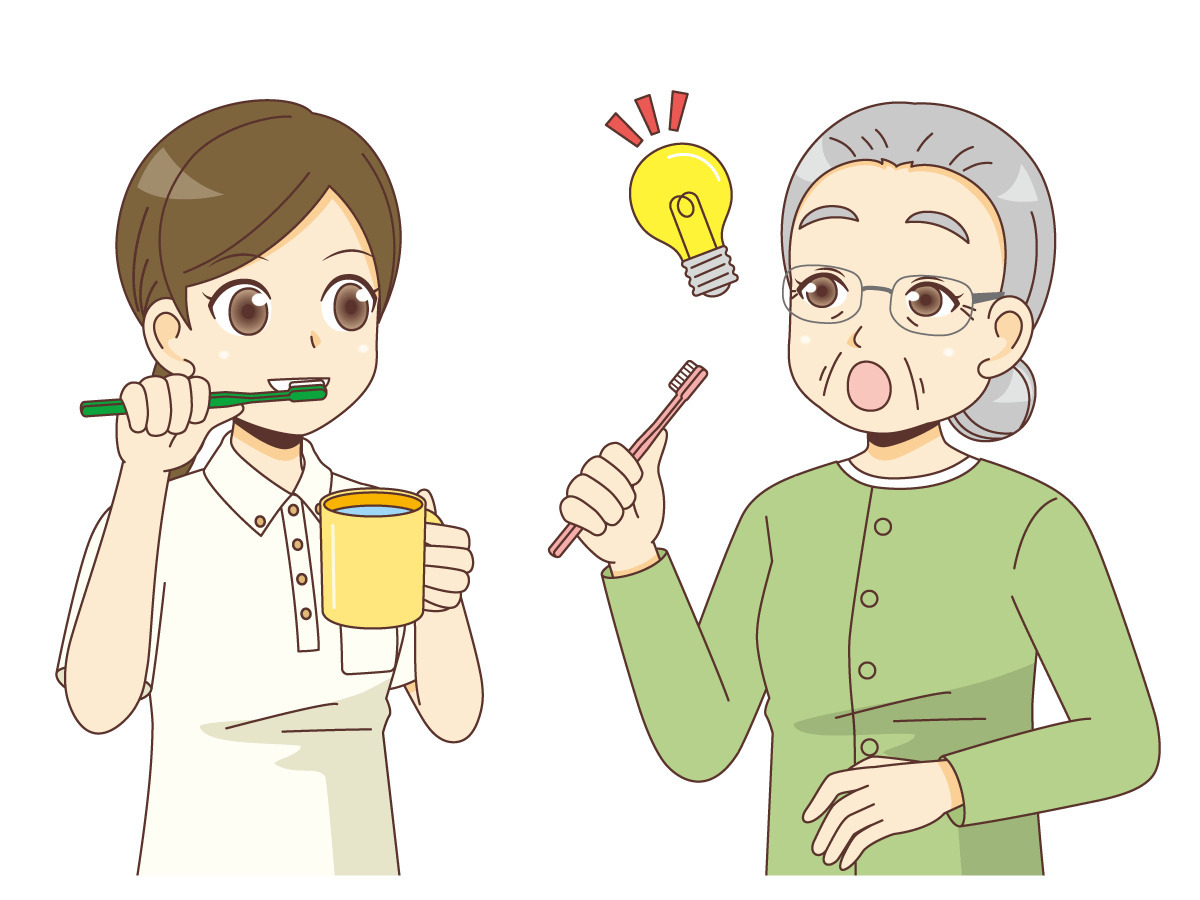 介護職の真似をすることで歯磨きができる高齢者 認知症 物忘れ 医療 病気 の無料イラスト 介護アンテナ 介護職の真似をすることで歯磨きができる高齢者 認知症 物忘れ 医療 病気 の無料イラスト 介護アンテナ