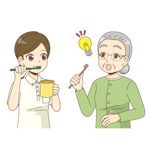 介護職の真似をすることで歯磨きができる高齢者（認知症・物忘れ/医療・病気）のイラスト