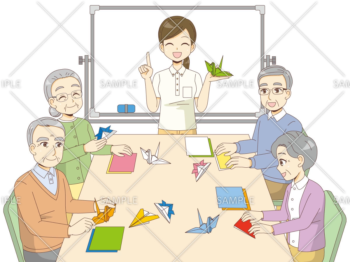 介護施設での折り紙レクリエーション（レクリエーション・イベント/介護・生活）のイラスト