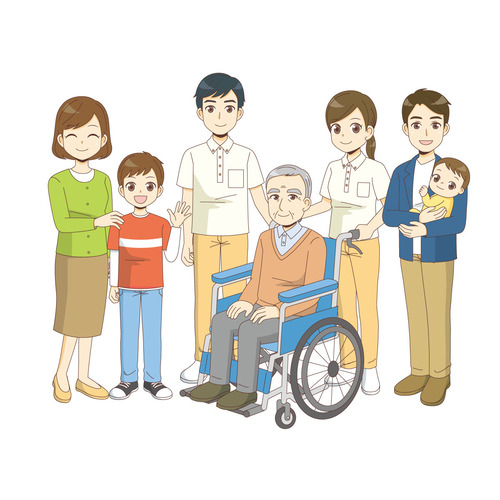 高齢者と介護職と地域の人々のイラスト（医療・福祉/医療・病気）のイラスト