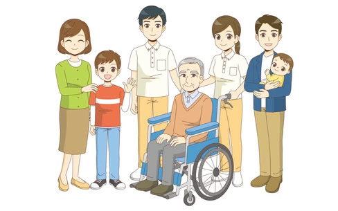 高齢者と介護職と地域の人々のイラスト（医療・福祉/医療・病気）