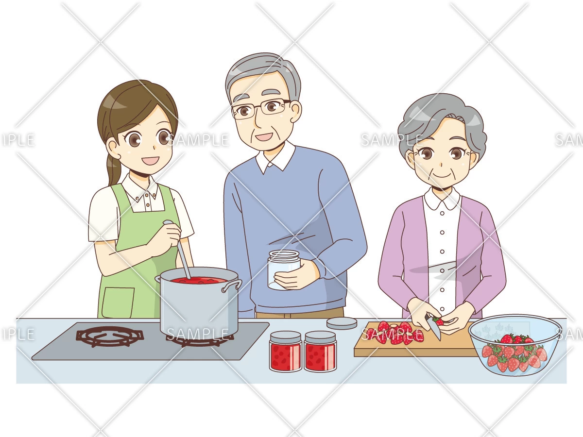 介護施設でのジャム作り（レクリエーション・イベント/介護・生活）のイラスト