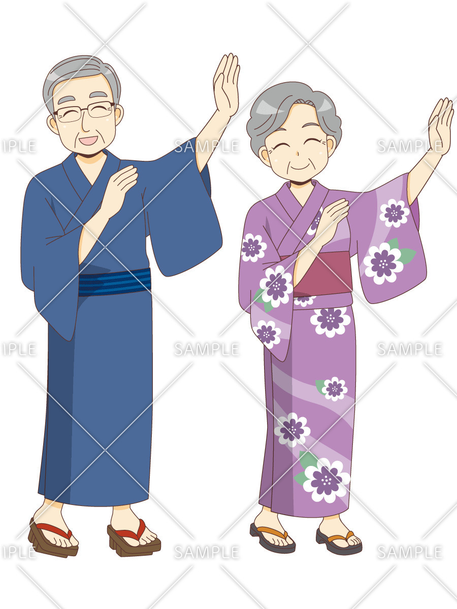 盆踊りをする女性高齢者と男性高齢者（レクリエーション・イベント/介護・生活）のイラスト
