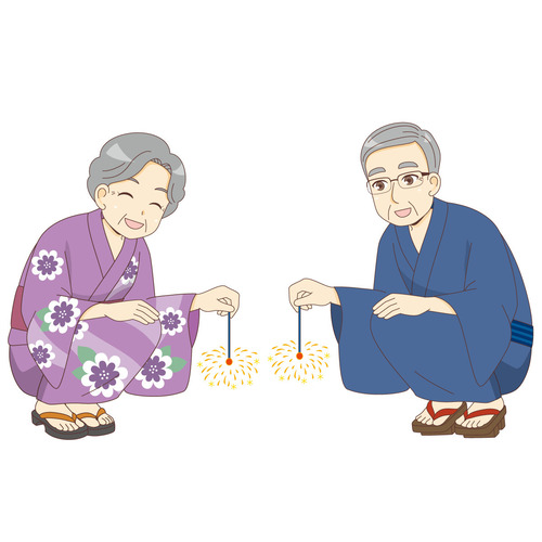線香花火をしている女性高齢者と男性高齢者（レクリエーション・イベント/介護・生活）のイラスト