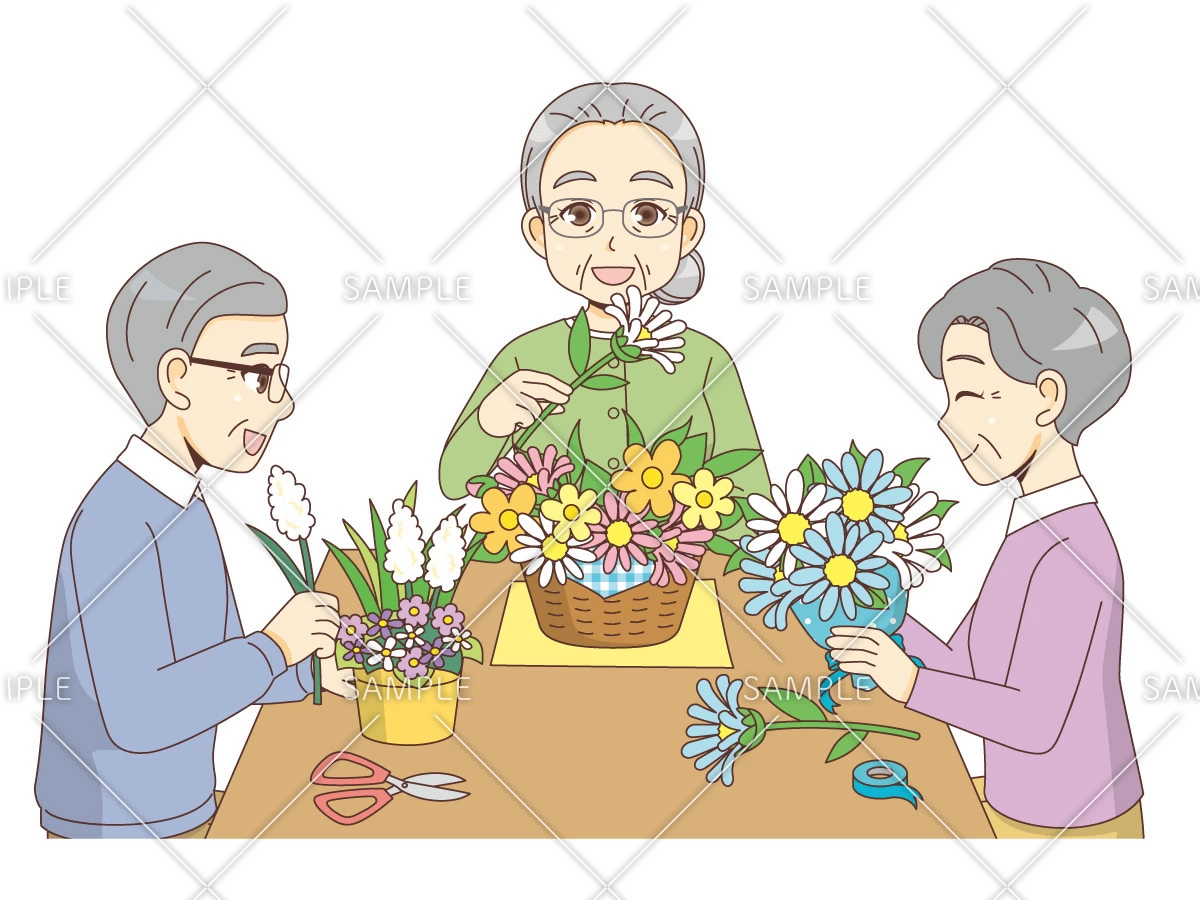 介護施設でのフラワーアレンジメント（レクリエーション・イベント/介護・生活）のイラスト