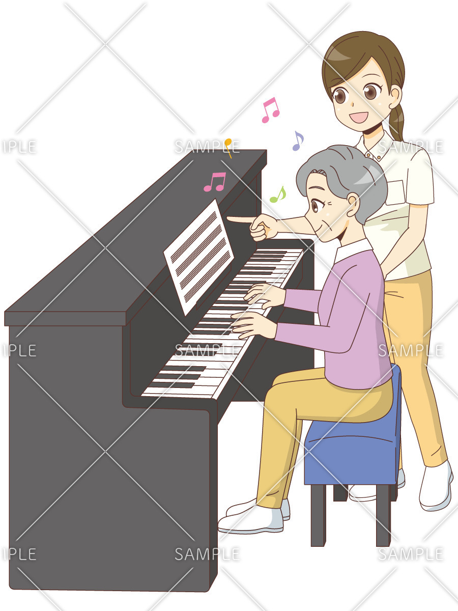 ピアノを弾く女性高齢者（レクリエーション・イベント/介護・生活）のイラスト