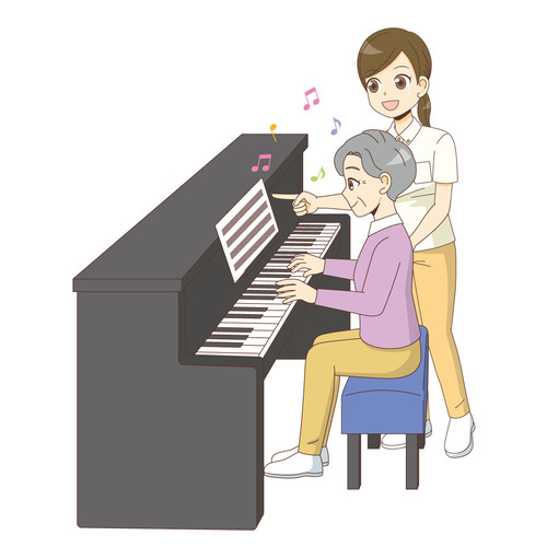 ピアノを弾く女性高齢者（レクリエーション・イベント/介護・生活）のイラスト
