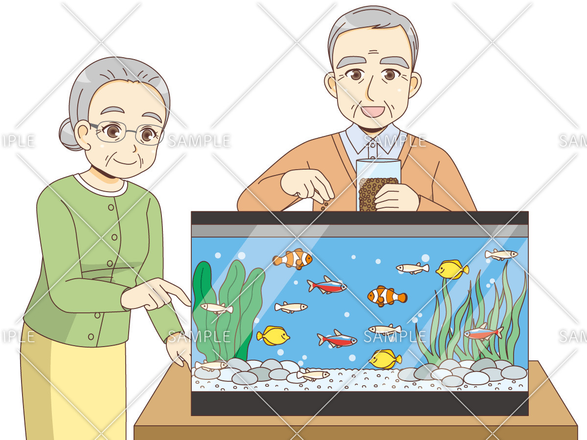 水槽の魚にエサをやる女性高齢者と男性高齢者（老人ホーム・介護施設/施設・サービス）のイラスト