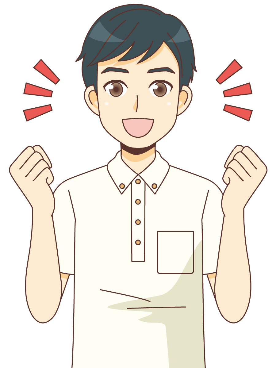 ガッツポーズする男性介護職 介護士 ヘルパー 介護現場の人物 の無料イラスト 介護アンテナ ガッツポーズする男性介護職 介護士 ヘルパー 介護現場の人物 の無料イラスト 介護アンテナ