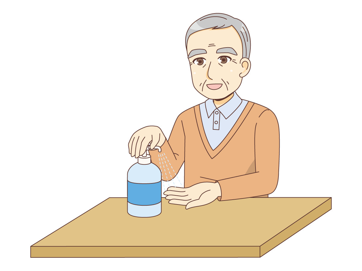 手を消毒する男性高齢者 高齢者 おばあさん おじいさん 介護現場の人物 の無料イラスト 介護アンテナ