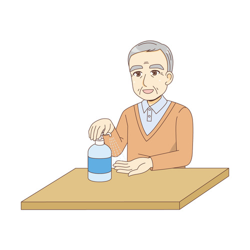 手を消毒する男性高齢者（高齢者（おばあさん・おじいさん）/介護現場の人物）