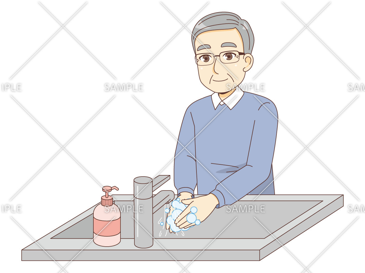 手を洗う男性高齢者（高齢者（おばあさん・おじいさん）/介護現場の人物）のイラスト