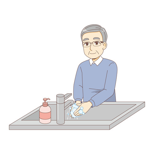 手を洗う男性高齢者（高齢者（おばあさん・おじいさん）/介護現場の人物）