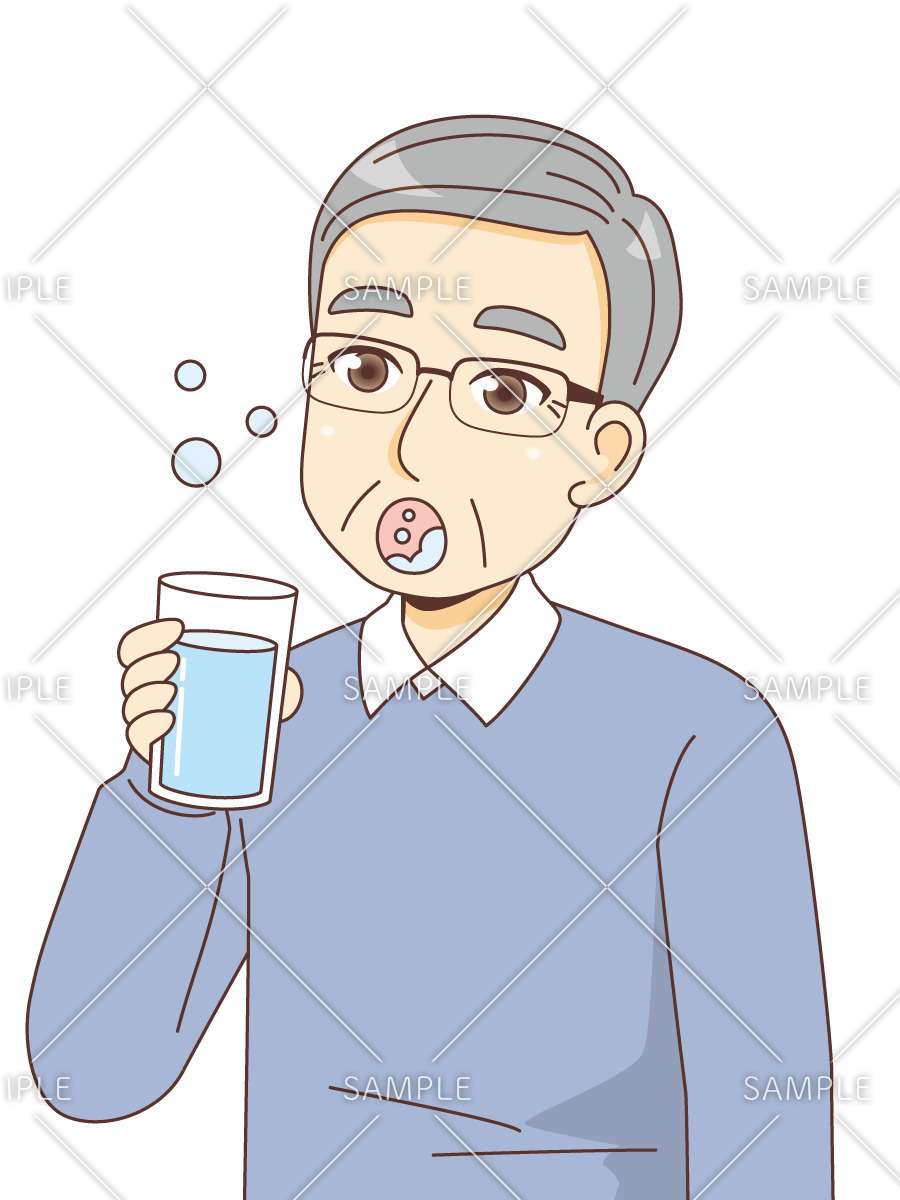 うがいをする男性高齢者（高齢者（おばあさん・おじいさん）/介護現場の人物）のイラスト