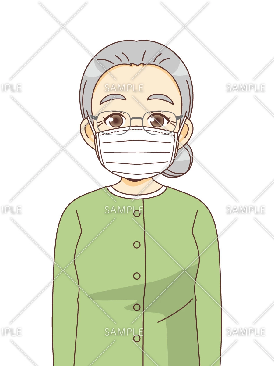 マスクを着用する女性高齢者（高齢者（おばあさん・おじいさん）/介護現場の人物）のイラスト