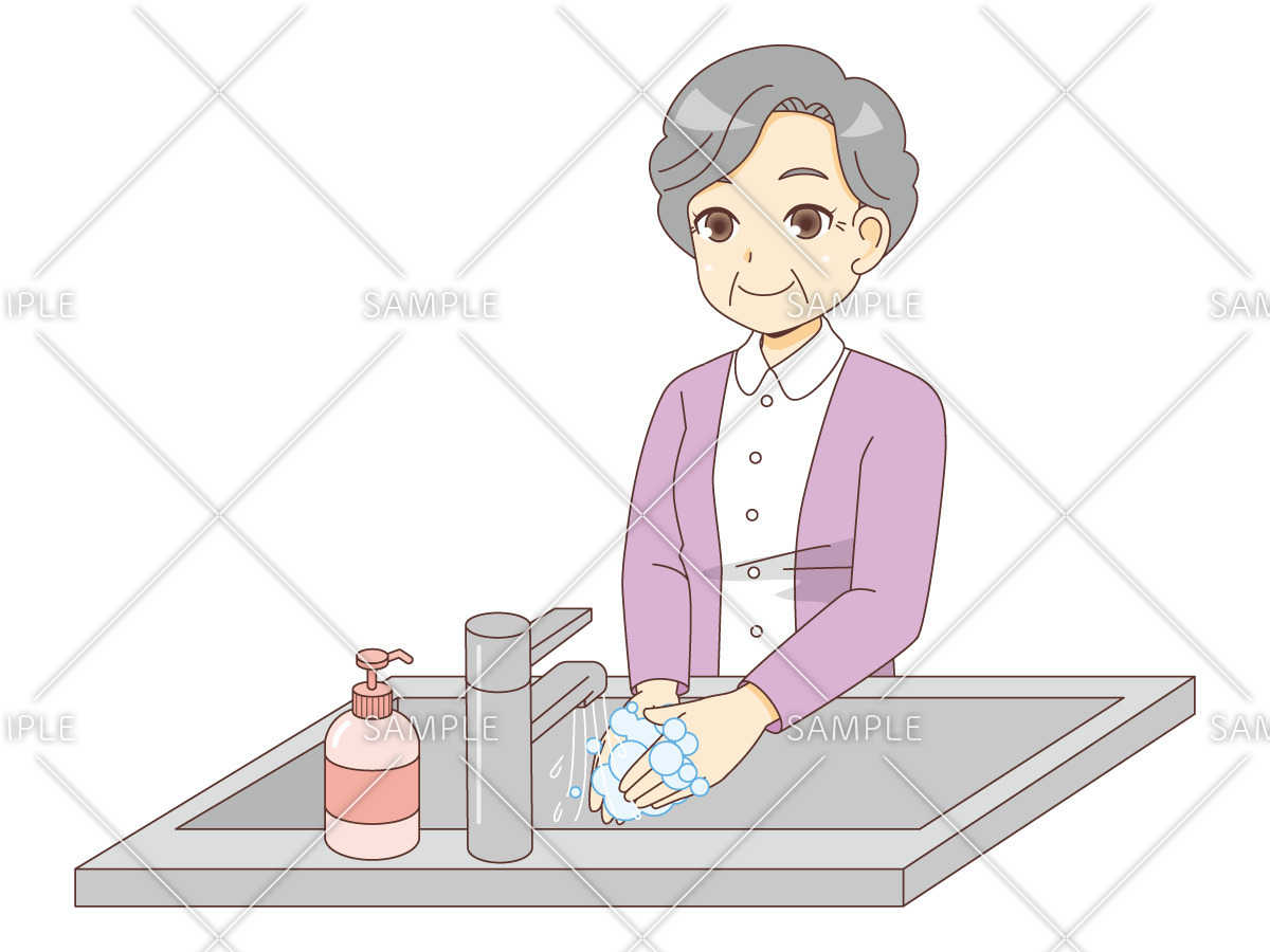 手を洗う女性高齢者（高齢者（おばあさん・おじいさん）/介護現場の人物）のイラスト