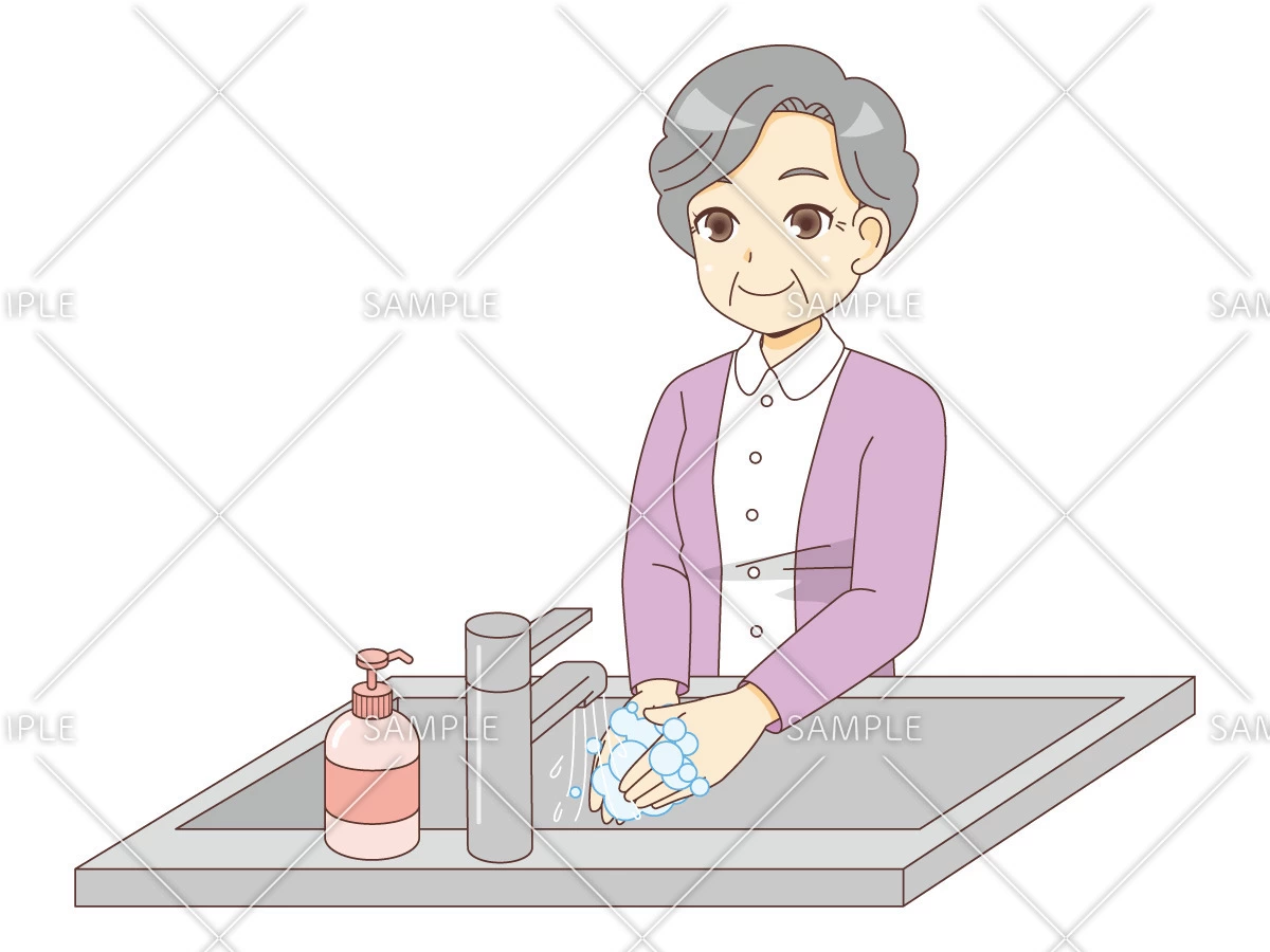 手を洗う女性高齢者（高齢者（おばあさん・おじいさん）/介護現場の人物）のイラスト