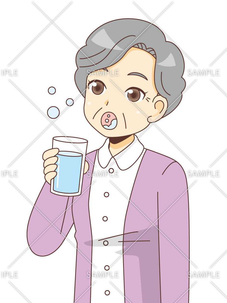 うがいをする女性高齢者（高齢者（おばあさん・おじいさん）/介護現場の人物）のイラスト