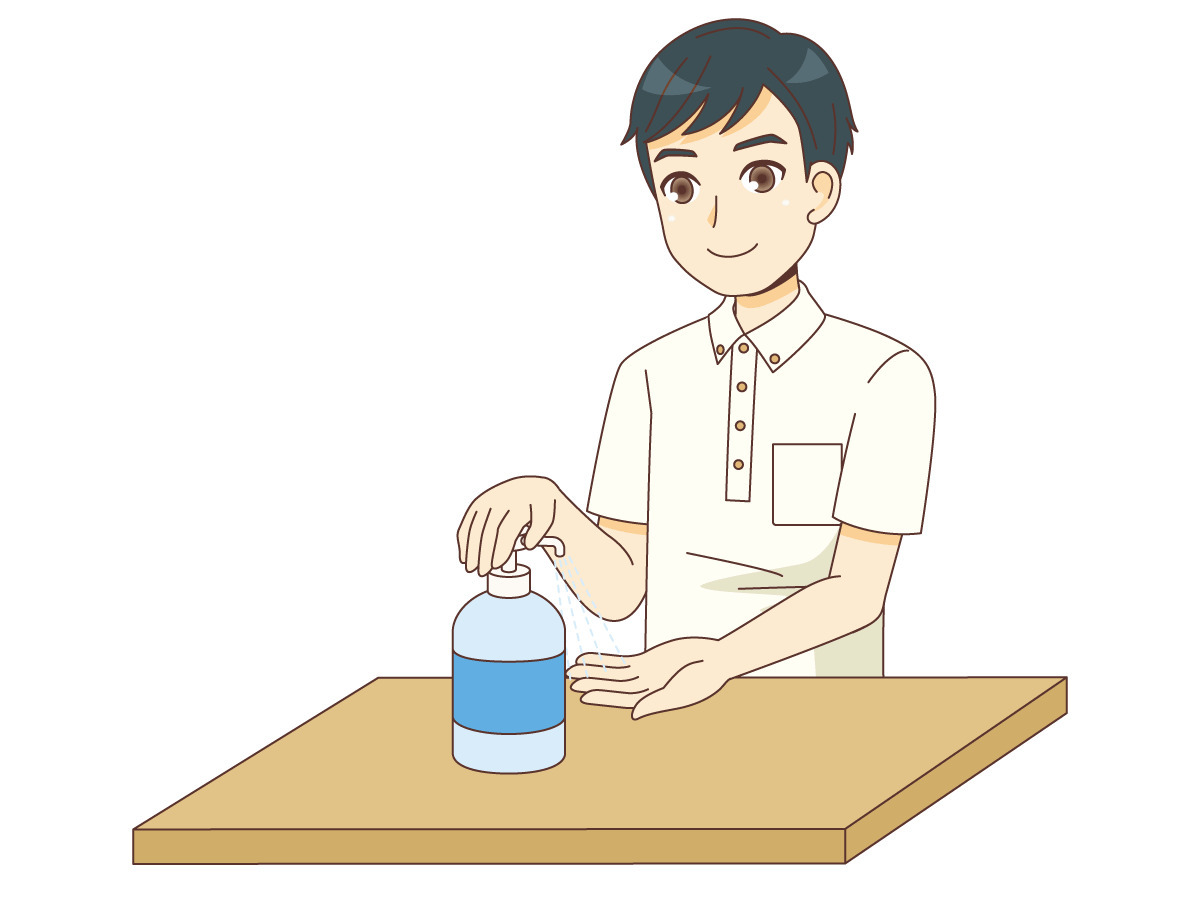 手を消毒する男性介護職 介護士 ヘルパー 介護現場の人物 の無料イラスト 介護アンテナ