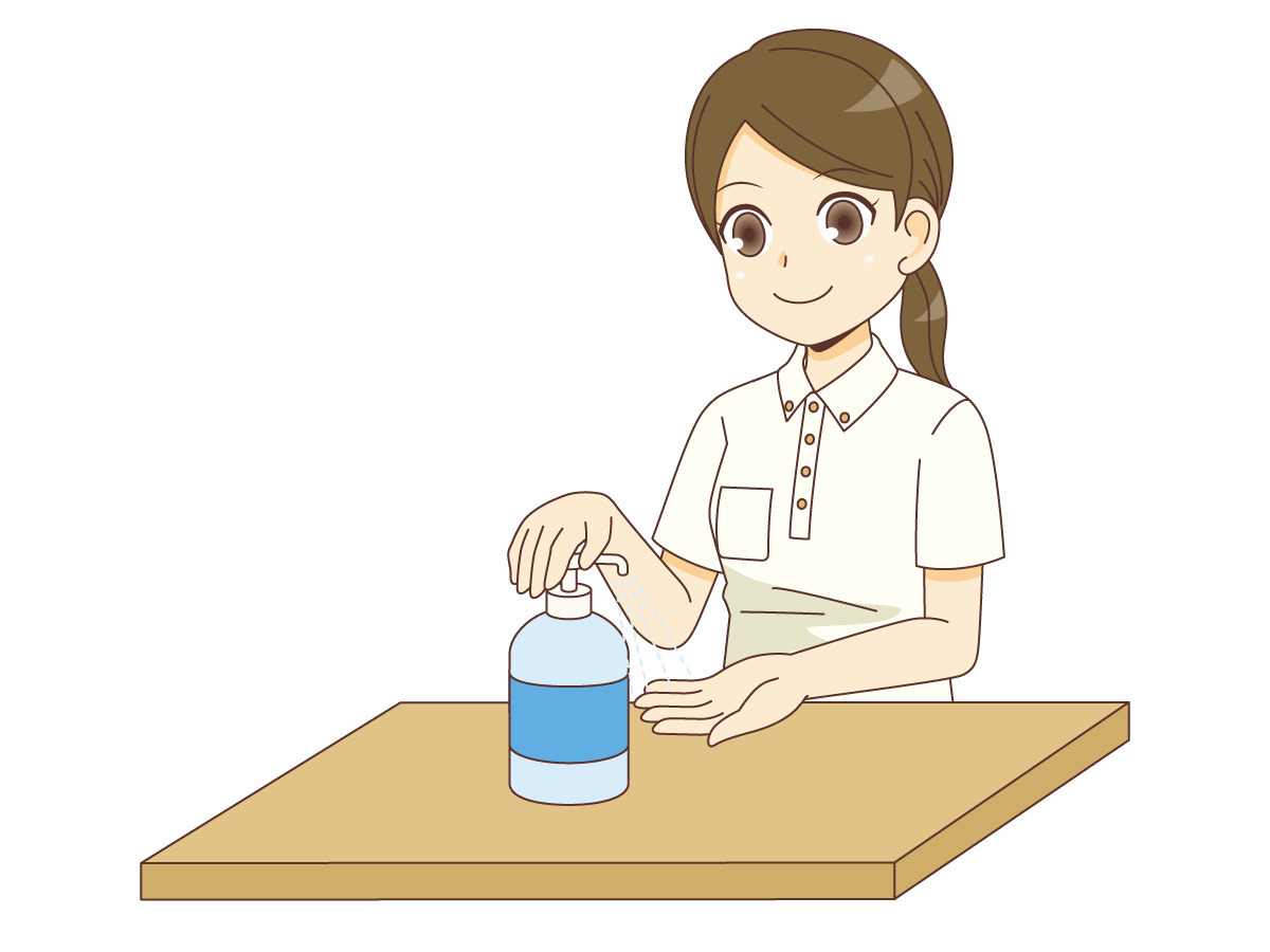 手を消毒する女性介護職 介護士 ヘルパー 介護現場の人物 の無料イラスト 介護アンテナ
