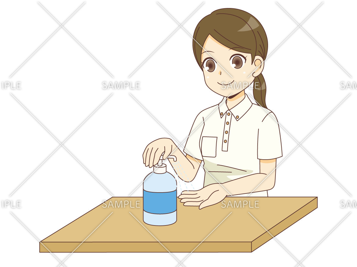 手を消毒する女性介護職（介護士・ヘルパー/介護現場の人物）のイラスト