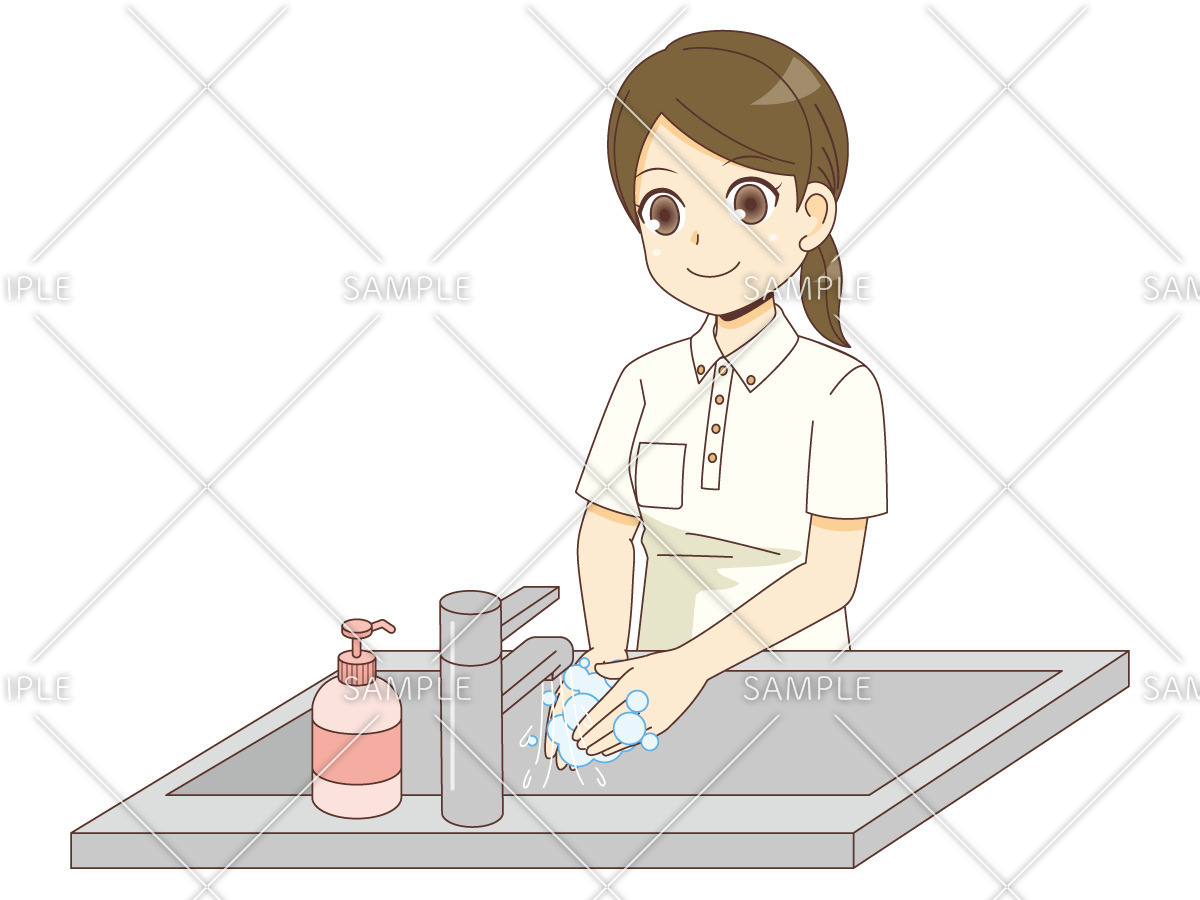 手を洗う女性介護職（介護士・ヘルパー/介護現場の人物）のイラスト