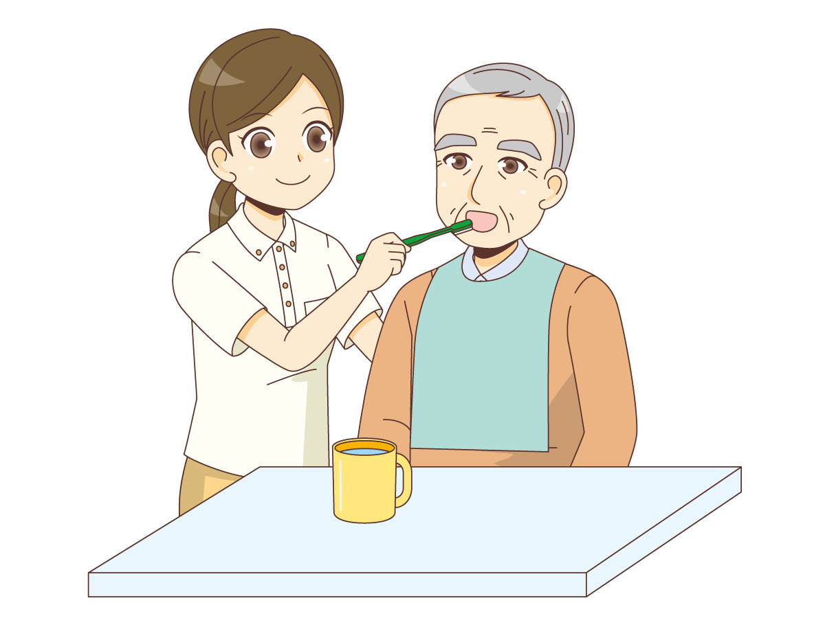 男性高齢者の口腔ケアを行う女性介護職 老人ホーム 介護施設 施設 サービス の無料イラスト 介護アンテナ