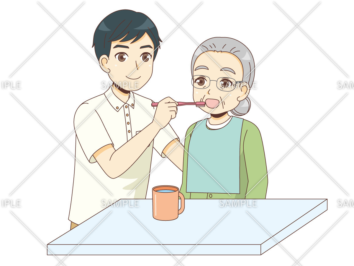 女性高齢者の口腔ケアを行う男性介護職（老人ホーム・介護施設/施設・サービス）のイラスト