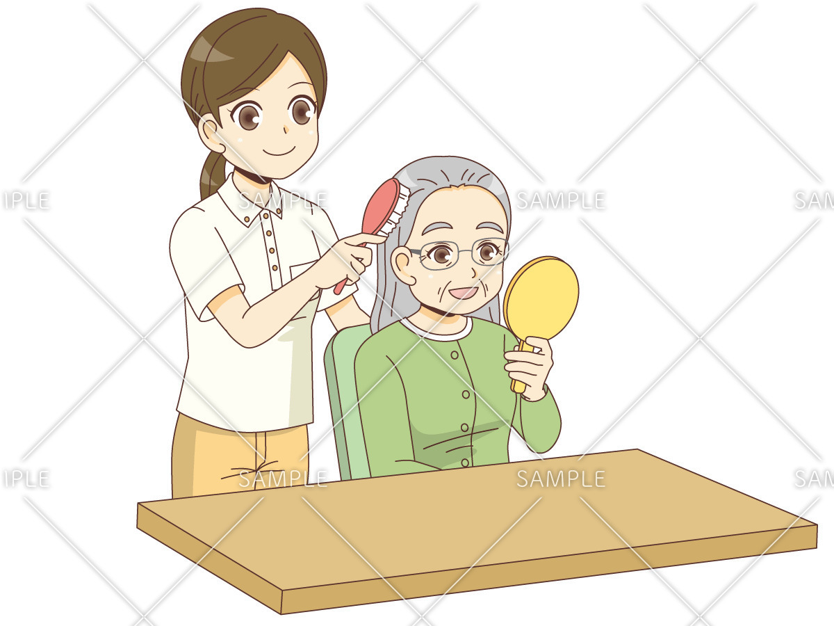 女性高齢者の整髪を手伝う女性介護職（老人ホーム・介護施設/施設・サービス）のイラスト