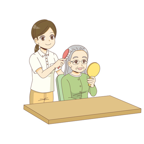 女性高齢者の整髪を手伝う女性介護職（老人ホーム・介護施設/施設・サービス）