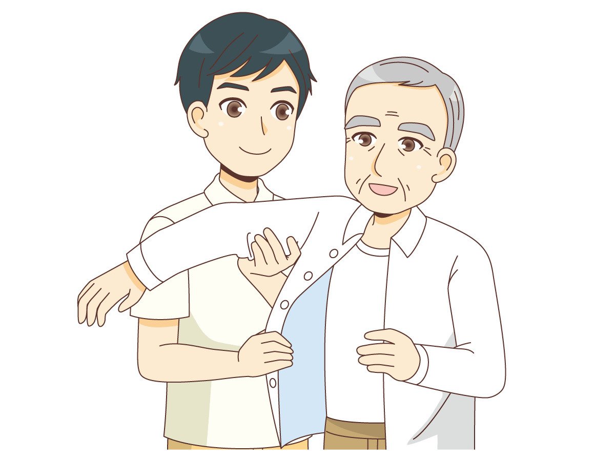 男性高齢者の着替えを手伝う男性介護職 老人ホーム 介護施設 施設 サービス の無料イラスト 介護アンテナ