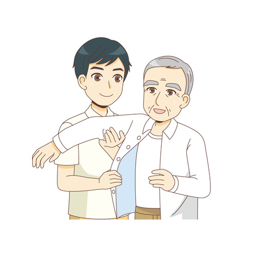 男性高齢者の着替えを手伝う男性介護職（老人ホーム・介護施設/施設・サービス）