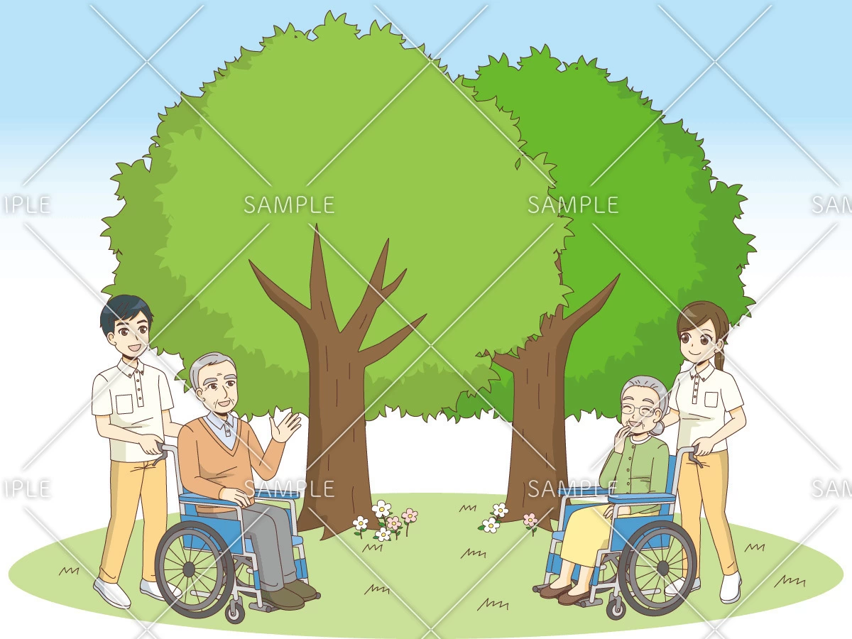 介護施設での散歩・外出（レクリエーション・イベント/介護・生活）のイラスト