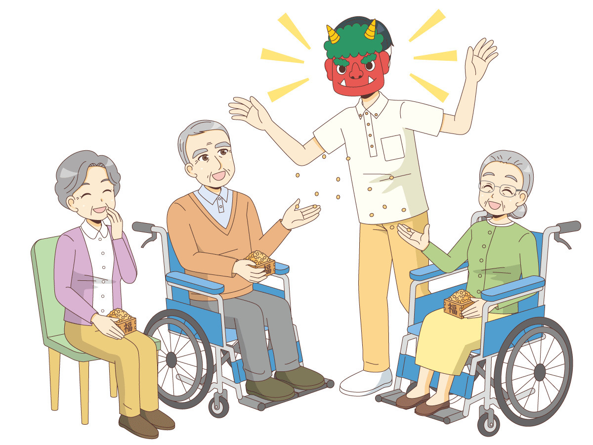 介護施設で豆まきを楽しむ高齢者 レクリエーション イベント 介護 生活 の無料イラスト 介護アンテナ