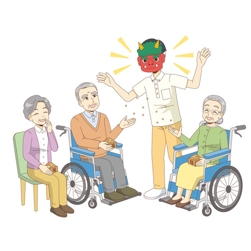 介護施設で豆まきを楽しむ高齢者（レクリエーション・イベント/介護・生活）