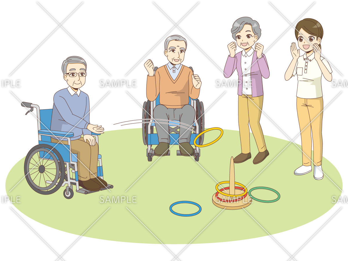 介護施設で輪投げを楽しむ高齢者（レクリエーション・イベント/介護・生活）のイラスト