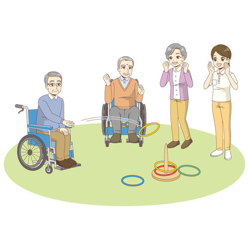 介護施設で輪投げを楽しむ高齢者（レクリエーション・イベント/介護・生活）のイラスト