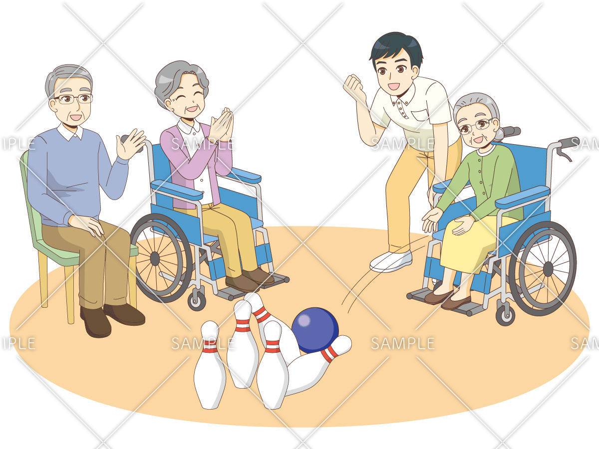 介護施設でボーリングを楽しむ高齢者（レクリエーション・イベント/介護・生活）のイラスト