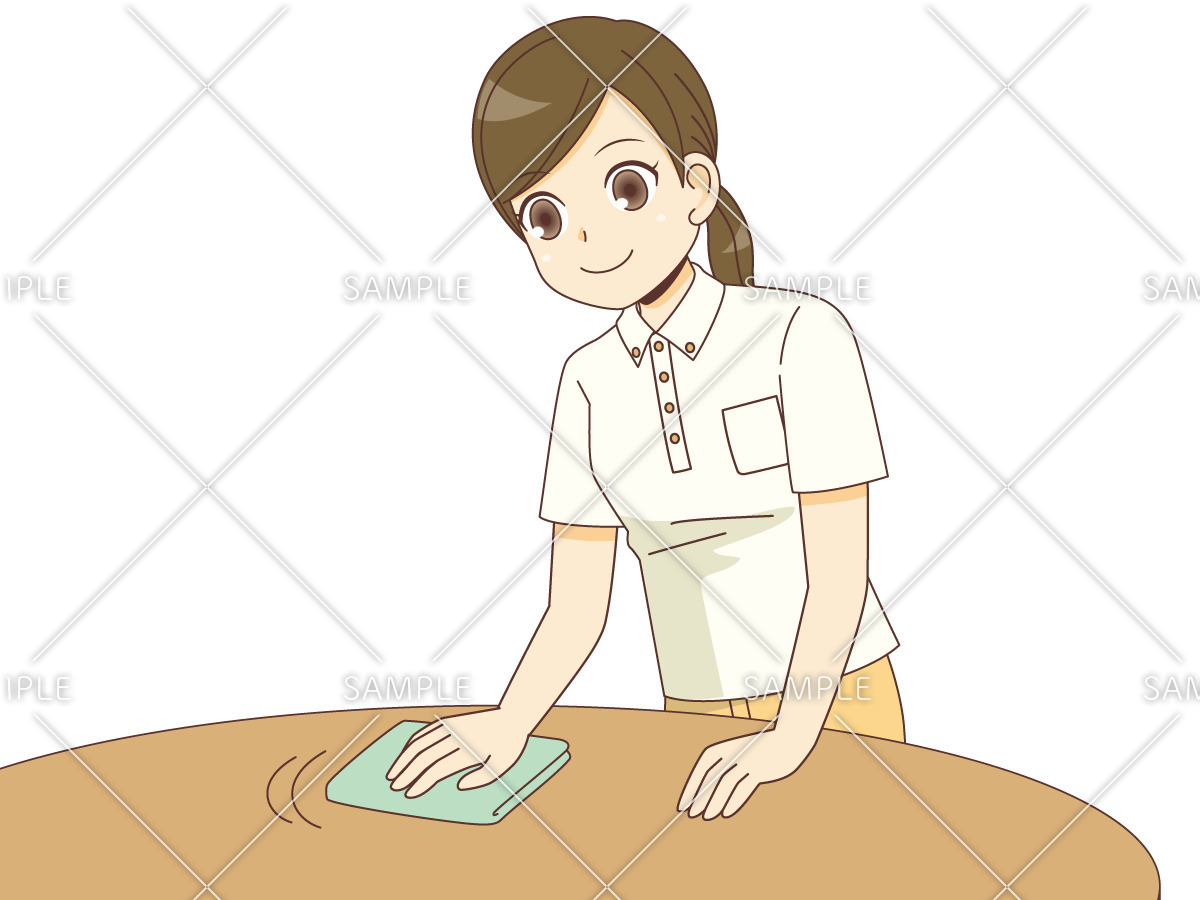 テーブルを拭く女性介護職（介護士・ヘルパー/介護現場の人物）のイラスト