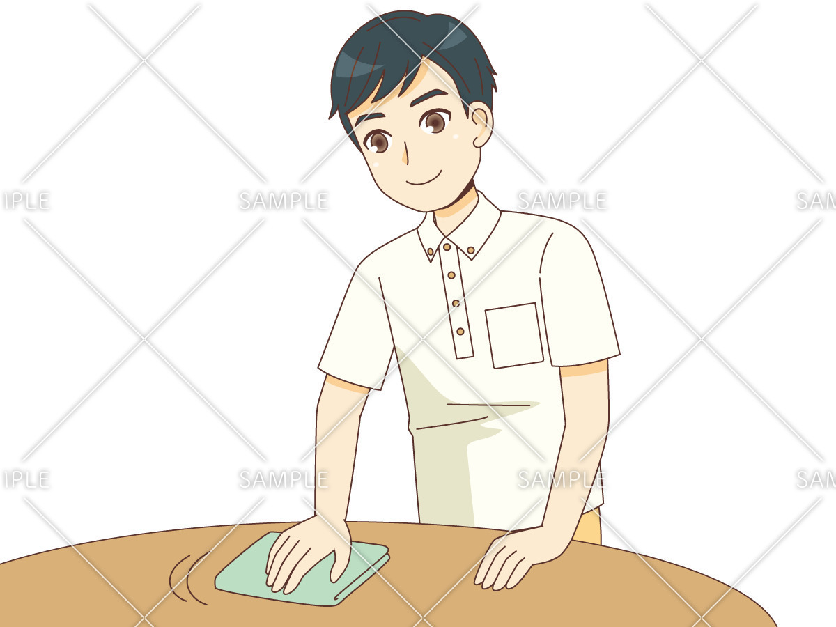 テーブルを拭く男性介護職（介護士・ヘルパー/介護現場の人物）のイラスト