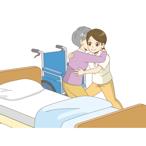 ベッドからの移乗介助研修をする女性介護職（介護士・ヘルパー/介護現場の人物）のイラスト