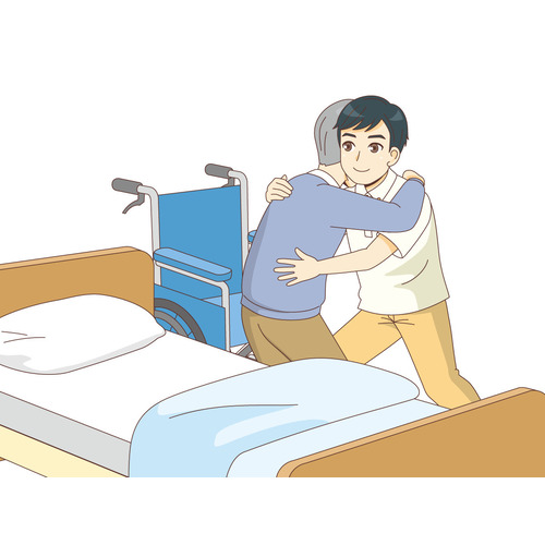 ベッドからの移乗介助研修をする男性介護職（介護士・ヘルパー/介護現場の人物）のイラスト