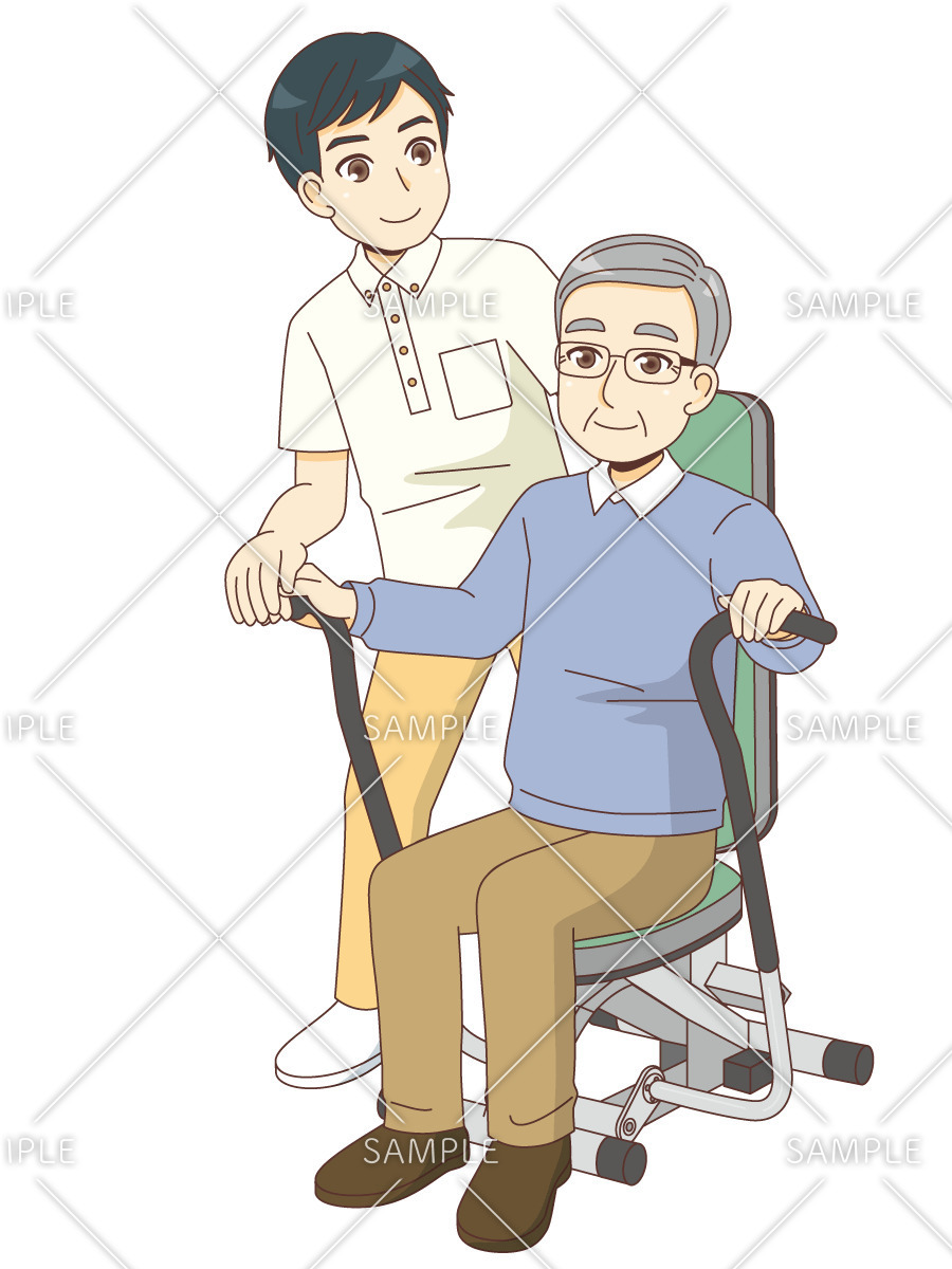 マシントレーニングをする男性高齢者（リハビリ/介護・生活）のイラスト