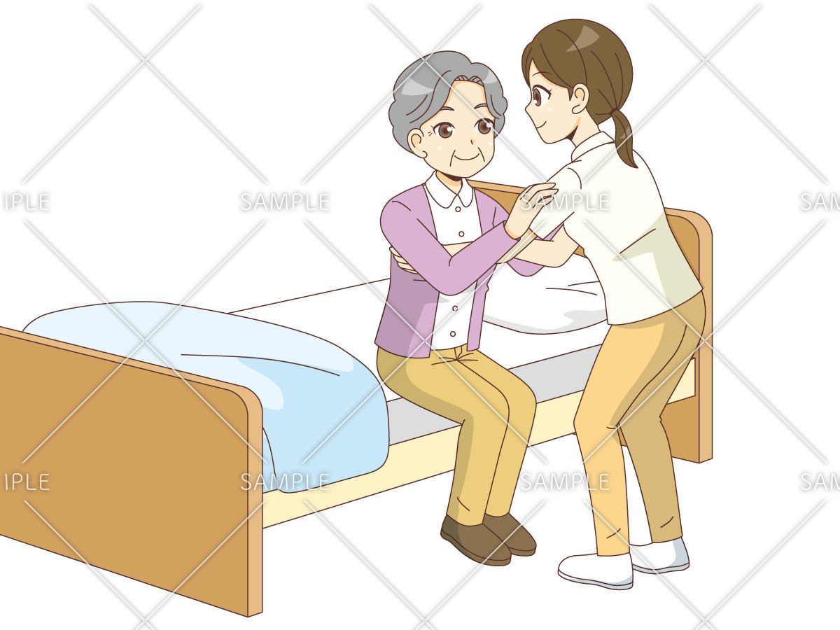 ベッドからの立ち上がり介助をする女性介護職 歩行介助 入浴介助 おむつ交換 介護 生活 の無料イラスト 介護アンテナ