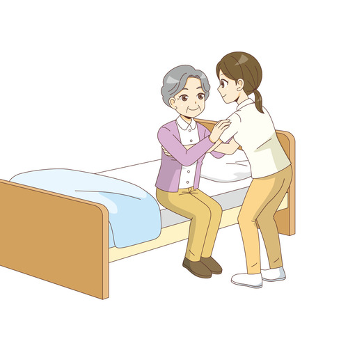 ベッドからの立ち上がり介助をする女性介護職（歩行介助・入浴介助・おむつ交換/介護・生活）のイラスト