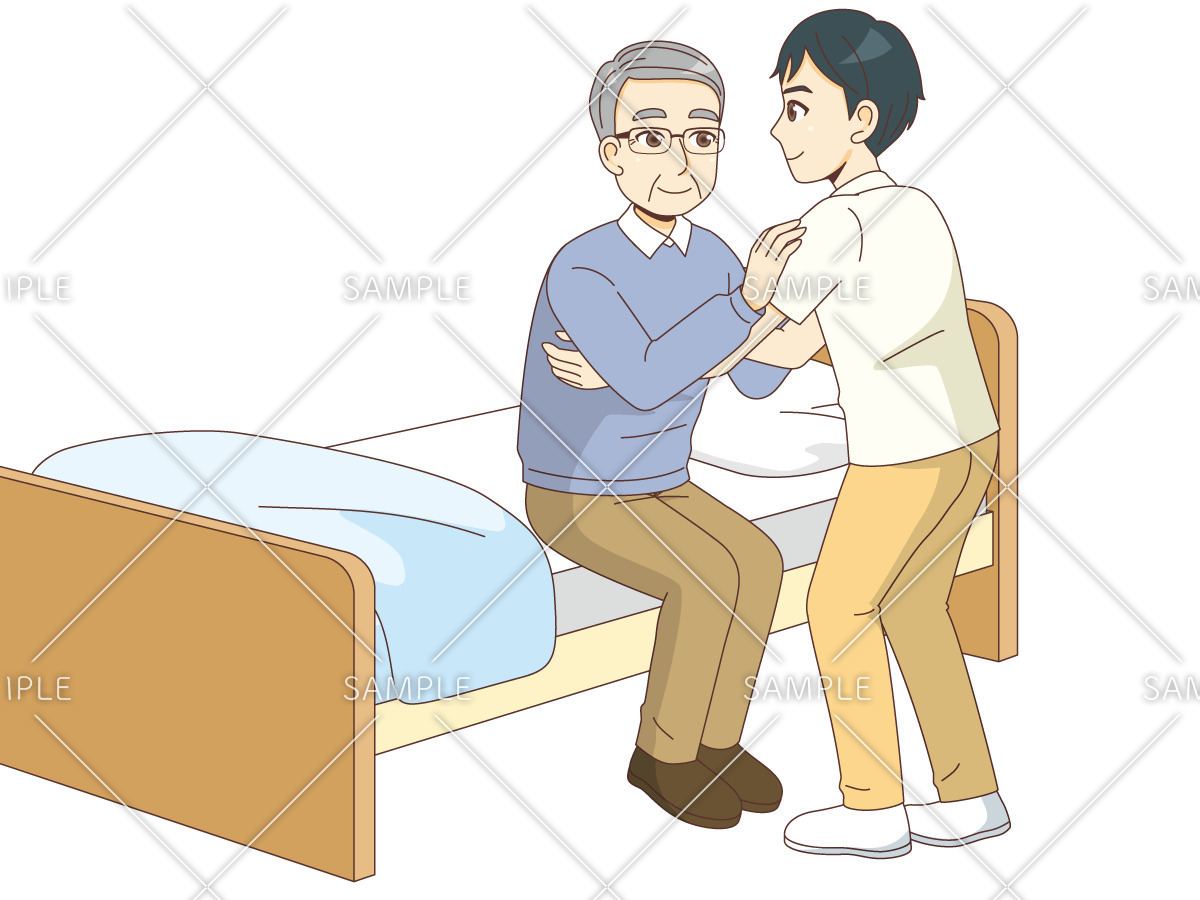ベッドからの立ち上がり介助をする男性介護職（歩行介助・入浴介助・おむつ交換/介護・生活）のイラスト