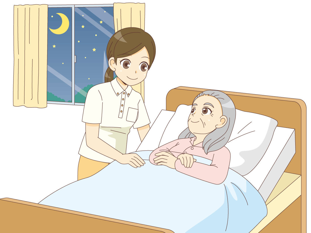 夜間の介護 女性介護職 女性高齢者 老人ホーム 介護施設 施設 サービス の無料イラスト 介護アンテナ