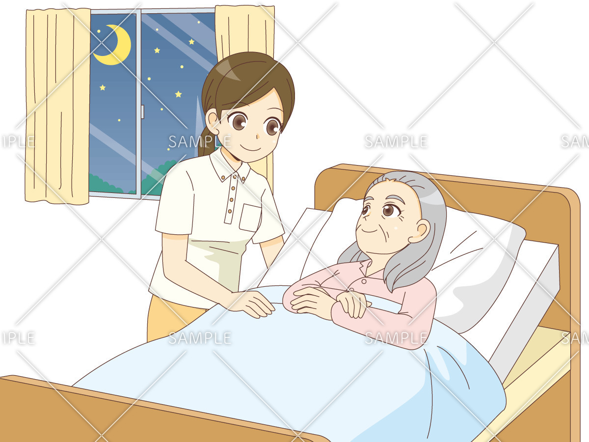 夜間の介護（女性介護職・女性高齢者）（老人ホーム・介護施設/施設・サービス）のイラスト